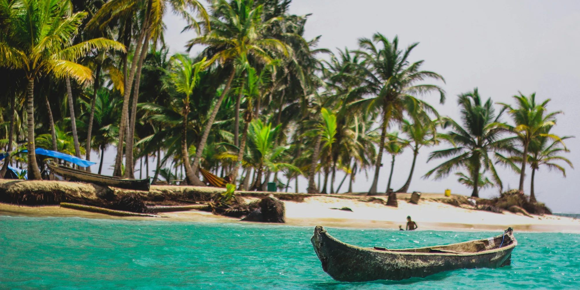 Tauchen mit haien in panama strand mit palmen und kanus