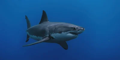 Weißer hai carcharodon carcharias im blauwasser